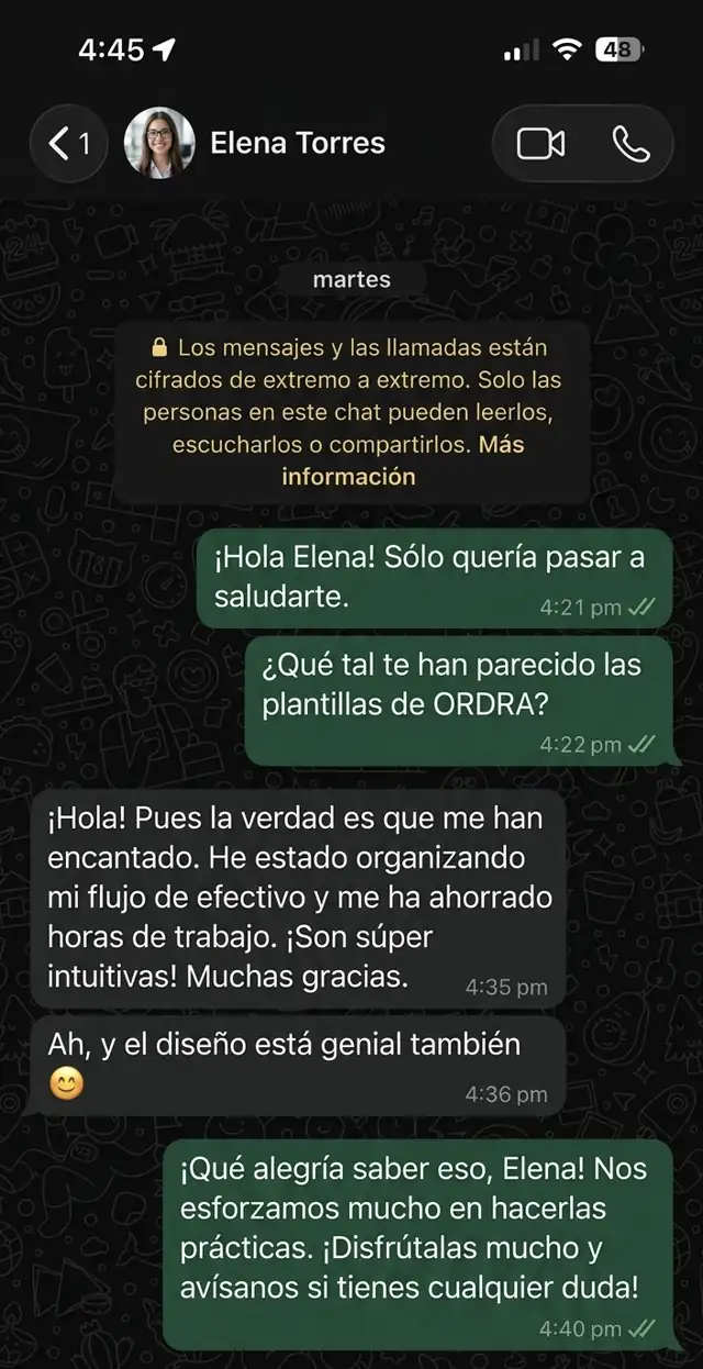 Captura de reseña de WhatsApp del cliente 1
