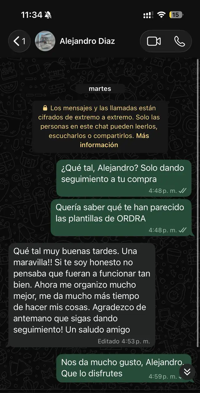Captura de reseña de WhatsApp del cliente 2